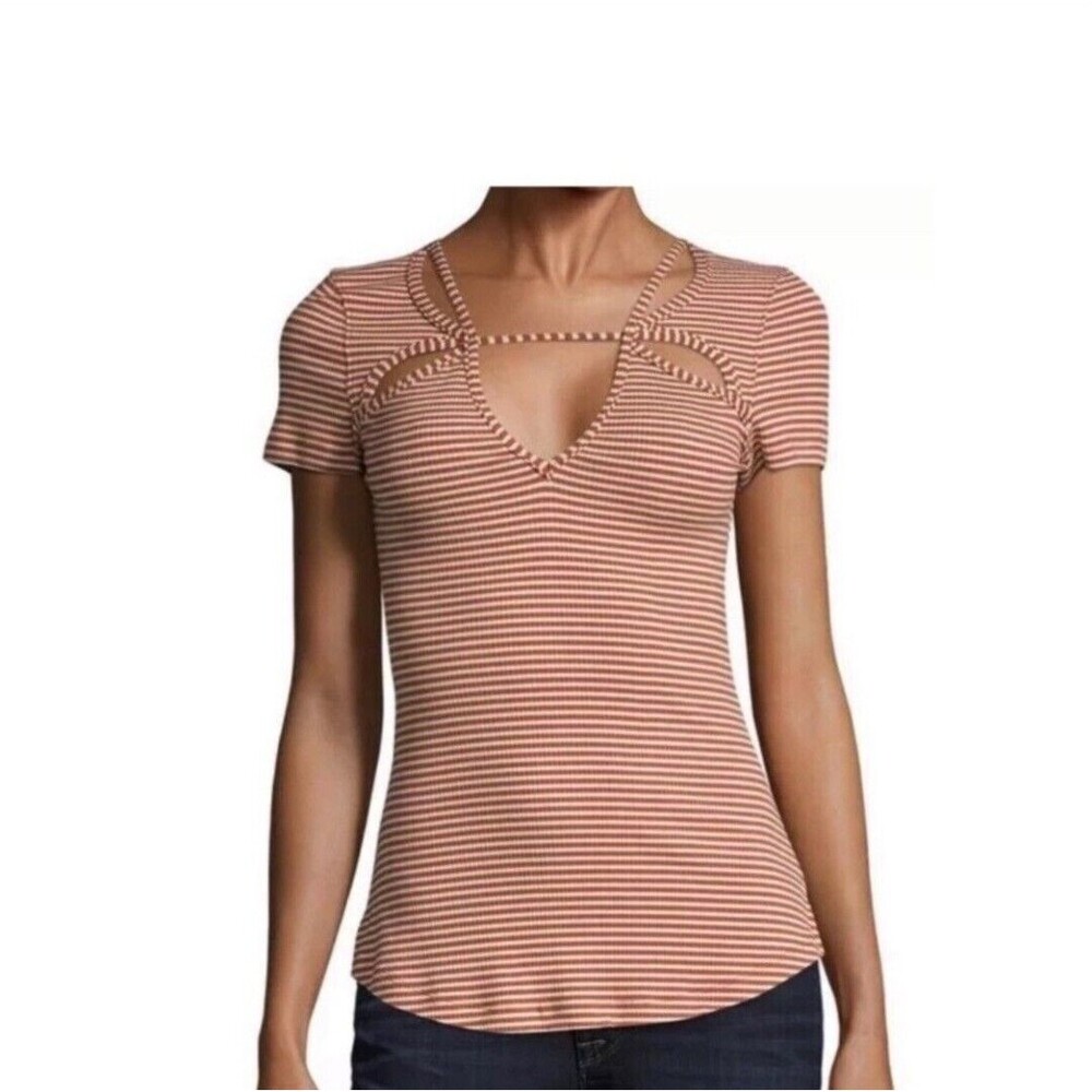 FREE PEOPLE Frenchie Cut Out Top Short Sleeve‎ Stripe Cayenne Small